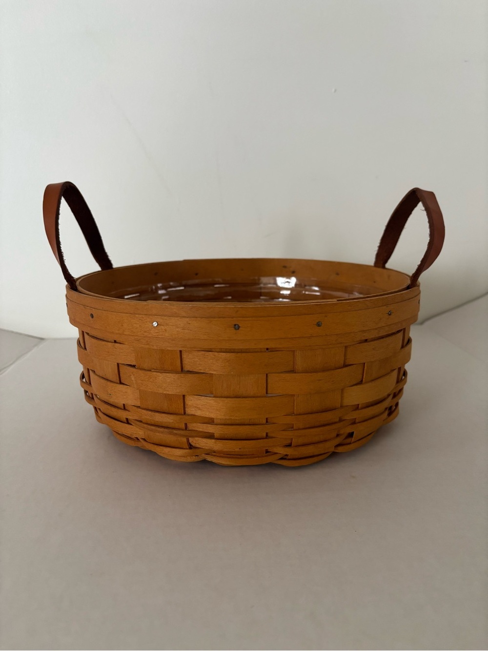 Longaberger Tan Woven Round Basket with Leather Handles